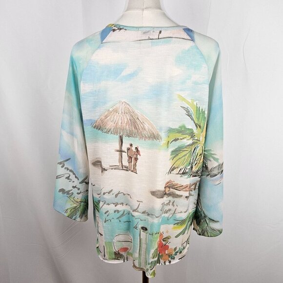 Chicos Medium Tropical Beach Seaside Sangria Easy Tee Top 3/4 Sleeve Blue - Picture 3 of 10